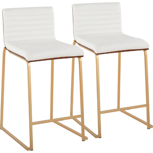 Mason Mara 26" Counter Stool in Gold, Walnut Wood & White Leatherette (Set of 2)